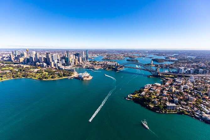 Sydney Harbour from the air, with the Opera House and the Harbour Bridge
